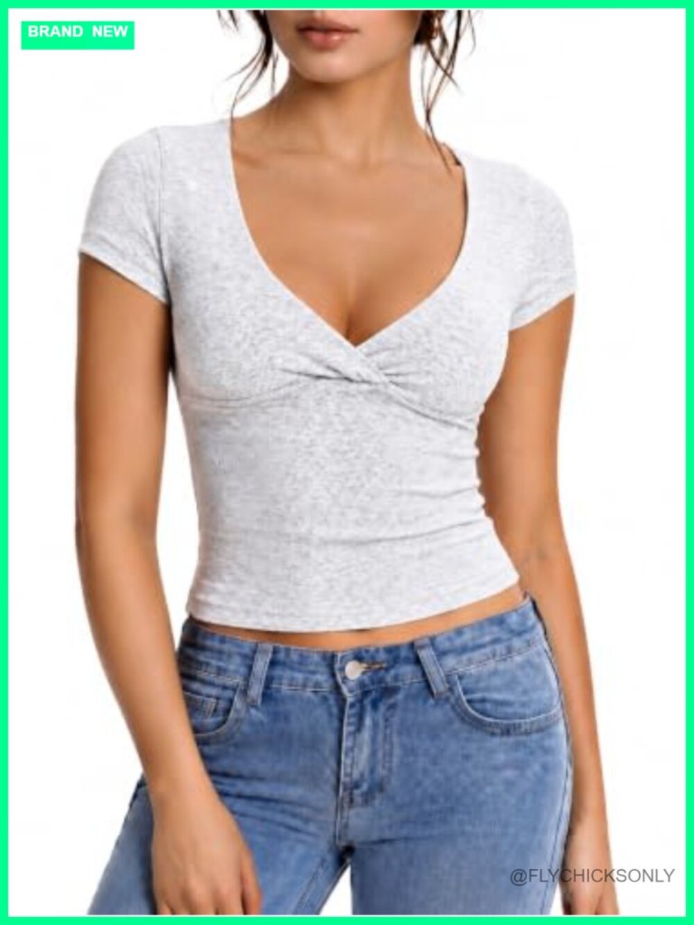 Ribbed Crossover V Neck Short Sleeve Fitted Crop Top Y2K Tee